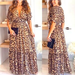 Leopard Print Drawstring V Neck High Waist Maxi Dress Medium Summer